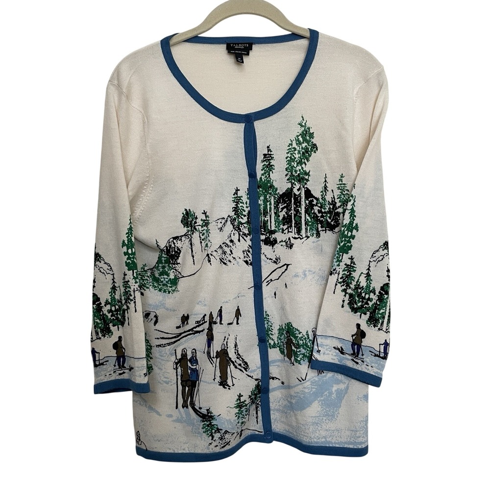 Talbots Merino Wool winter scene cardigan sweater Ski Resort Vintage Preppy